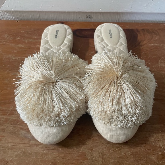 Birdies Songbird Pom Pom Linen Fabric Crème Slides Ballet Flats Mules Size 7.5 - Picture 4 of 11